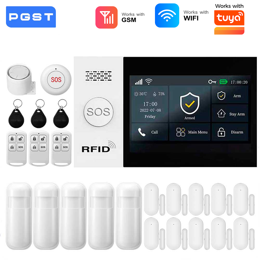 Home Security System Installation - 2.4G WIFIスマートGSMアラームシステム、TUYAスマートライフ対応、PIRワイヤレスソーラーサイレン付き、Alexa対応、家庭用セキュリティ保護