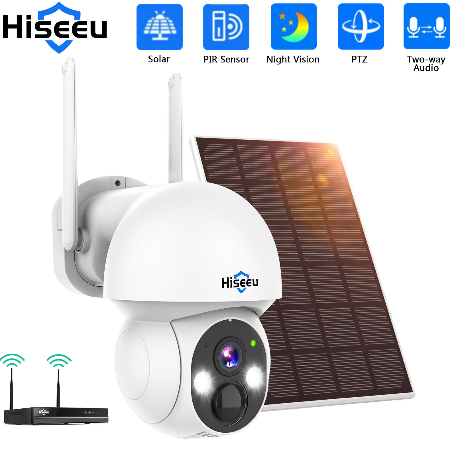 Camera Solar Wireless - Hiseeu-PTZソーラーIPカメラ,人間検出,暗視,P2P監視,ワイヤレスcctvシステム,2k,4mp,wifi