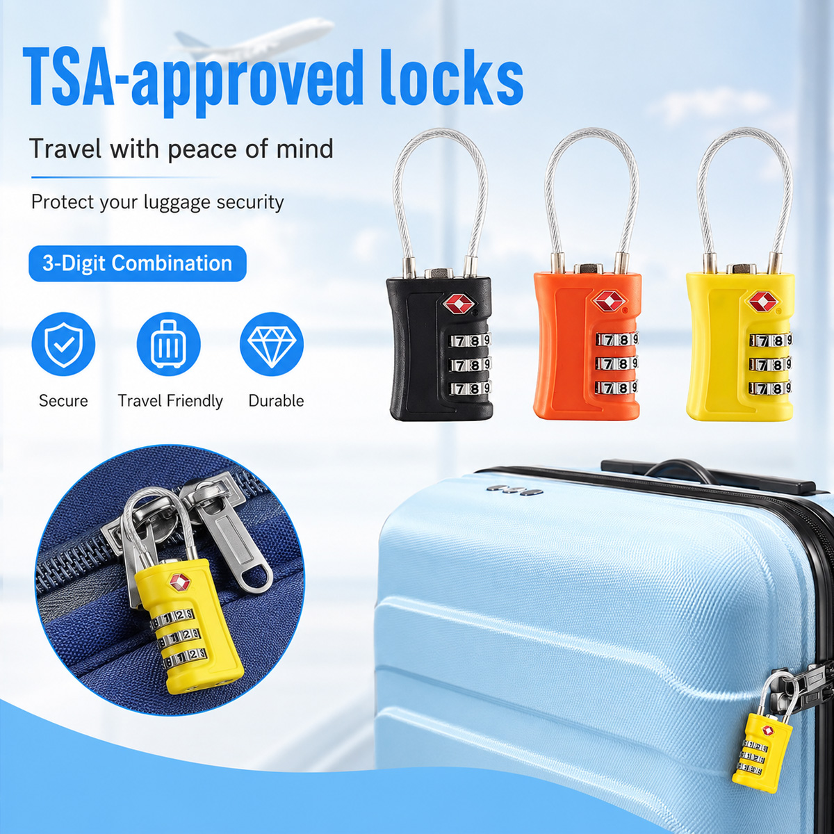 Home Security Locks - TSA承認済み荷物ロック 3桁コンビネーションケーブル南京錠 スーツケース、旅行バッグ、バックパック、ジムロッカー、ホームセキュリティ、ポータブル用
