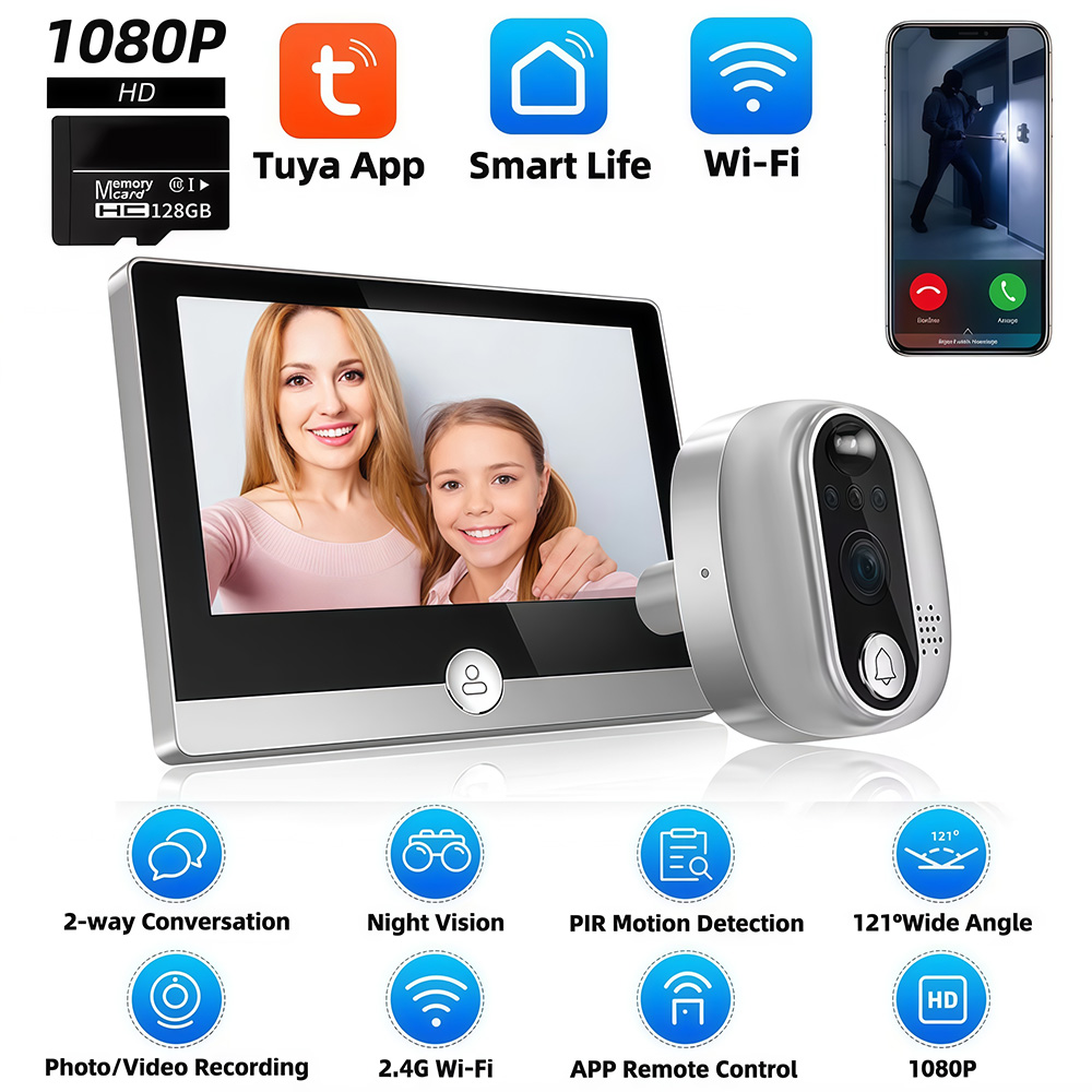 Home Security Doorbell Camera - Tuya-デジタルドアビューアー,インターホン,のぞき穴,pirモーション検出器,wifi,ドアベルカメラ,Google alexa,スマートライフビデオ,1080p