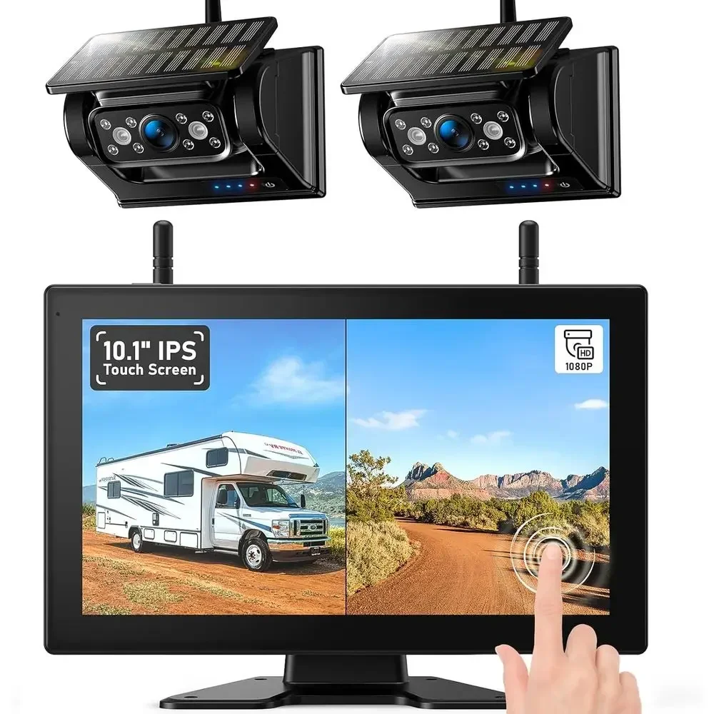 Camera Solar Wireless - 磁気式ソーラーワイヤレスバックアップカメラHD 1080P DVR 10.1インチタッチスクリーンモニター、RVトレーラー用デュアルRVバックアップカメラワイヤレスシステム