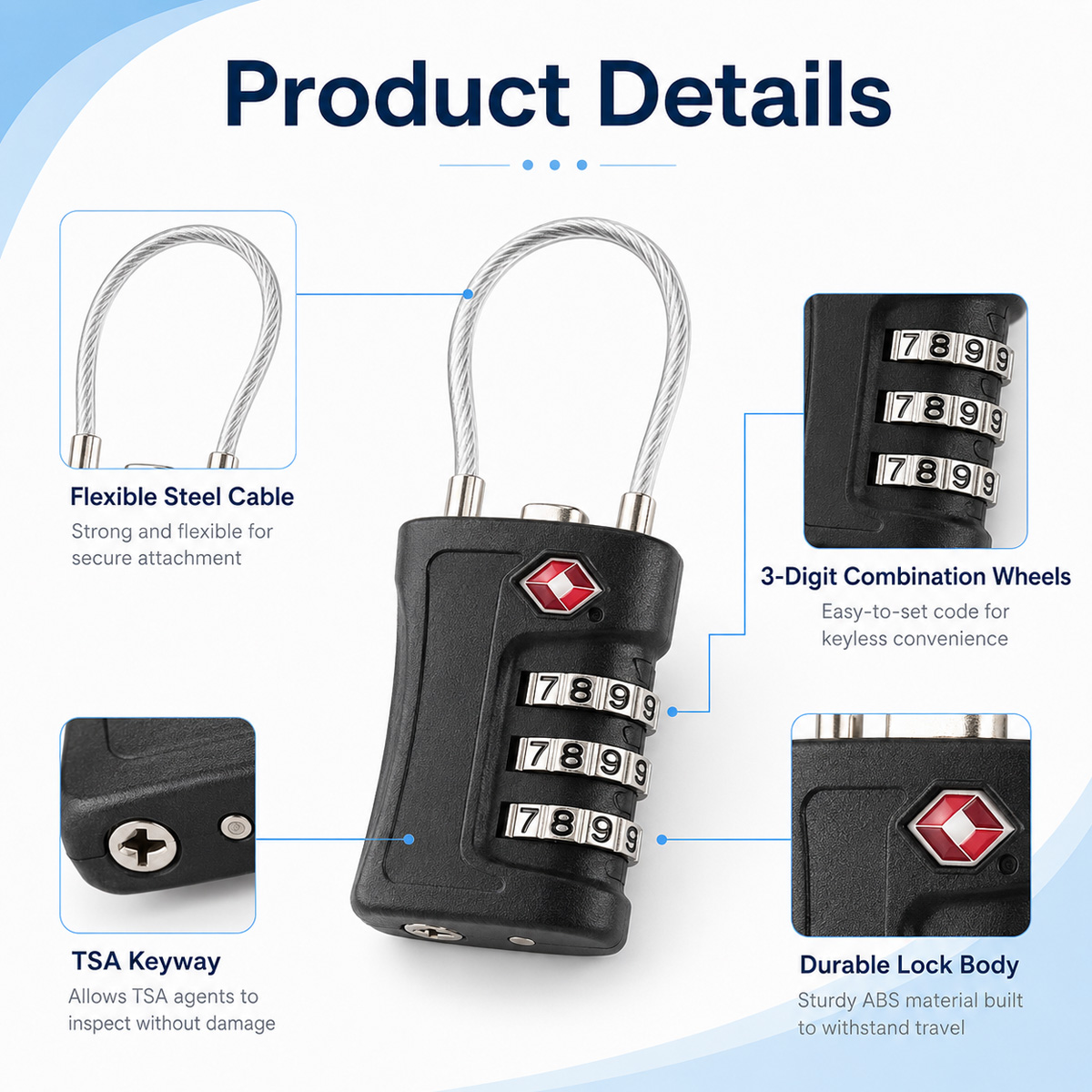 TSA承認済み荷物ロック 3桁コンビネーションケーブル南京錠 - Home Security Locks のレビューと価格
