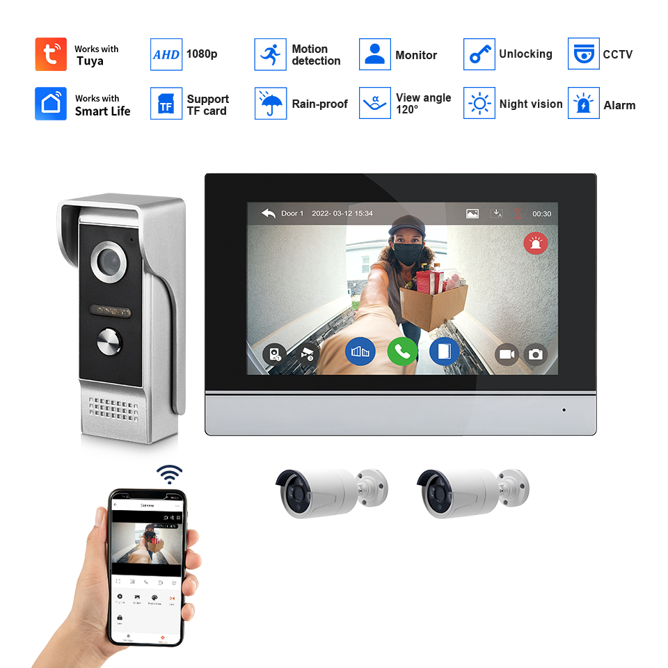 7インチIPSスクリーン、2MP、Tuyaリモートコントロー - Home Security Doorbell Camera のレビューと価格