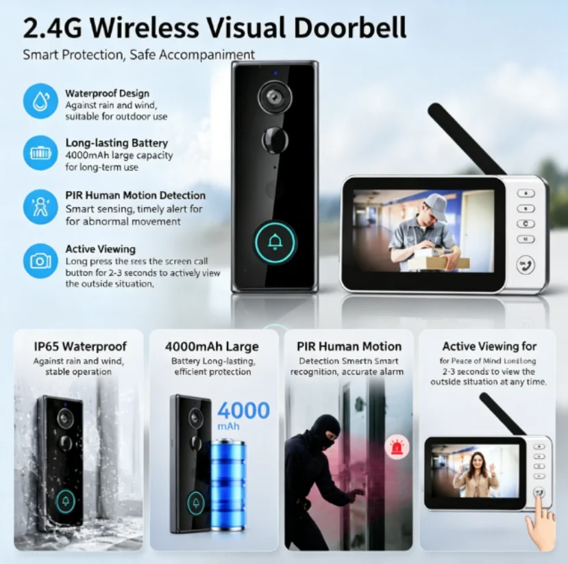 新しい防水ワイヤレスドアベルカメラ 4.3 インチ IPS  - Home Security Doorbell Camera のレビューと価格